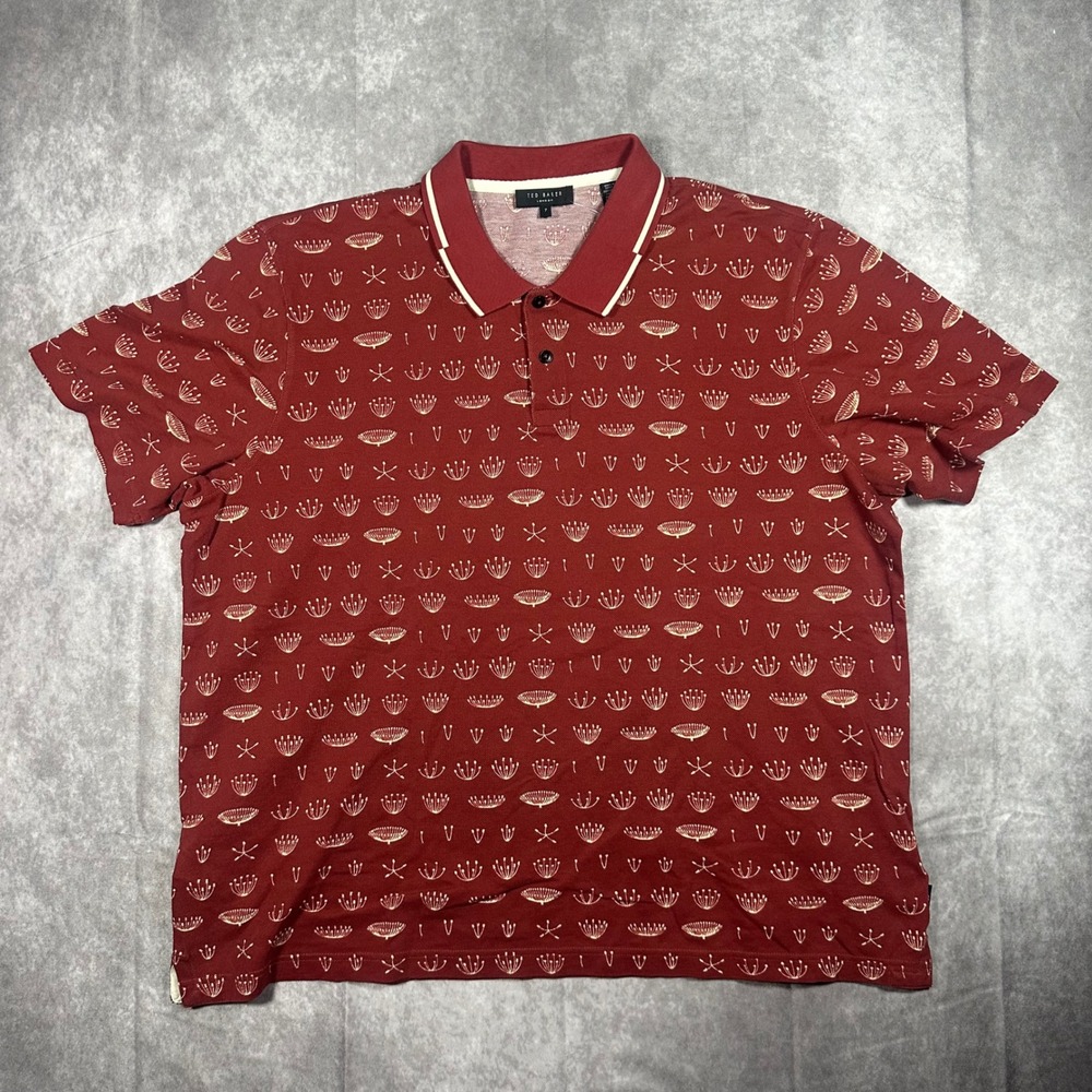 Ted Baker London Men's Burgundy Floral‎ Dandelion Print Polo Shirt Size 7 3XL